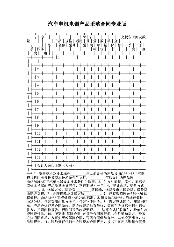 汽车电机电器产品采购合同专业版