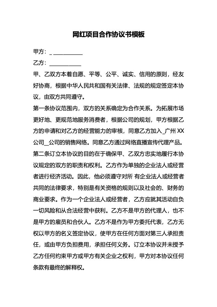 网红项目合作协议书模板